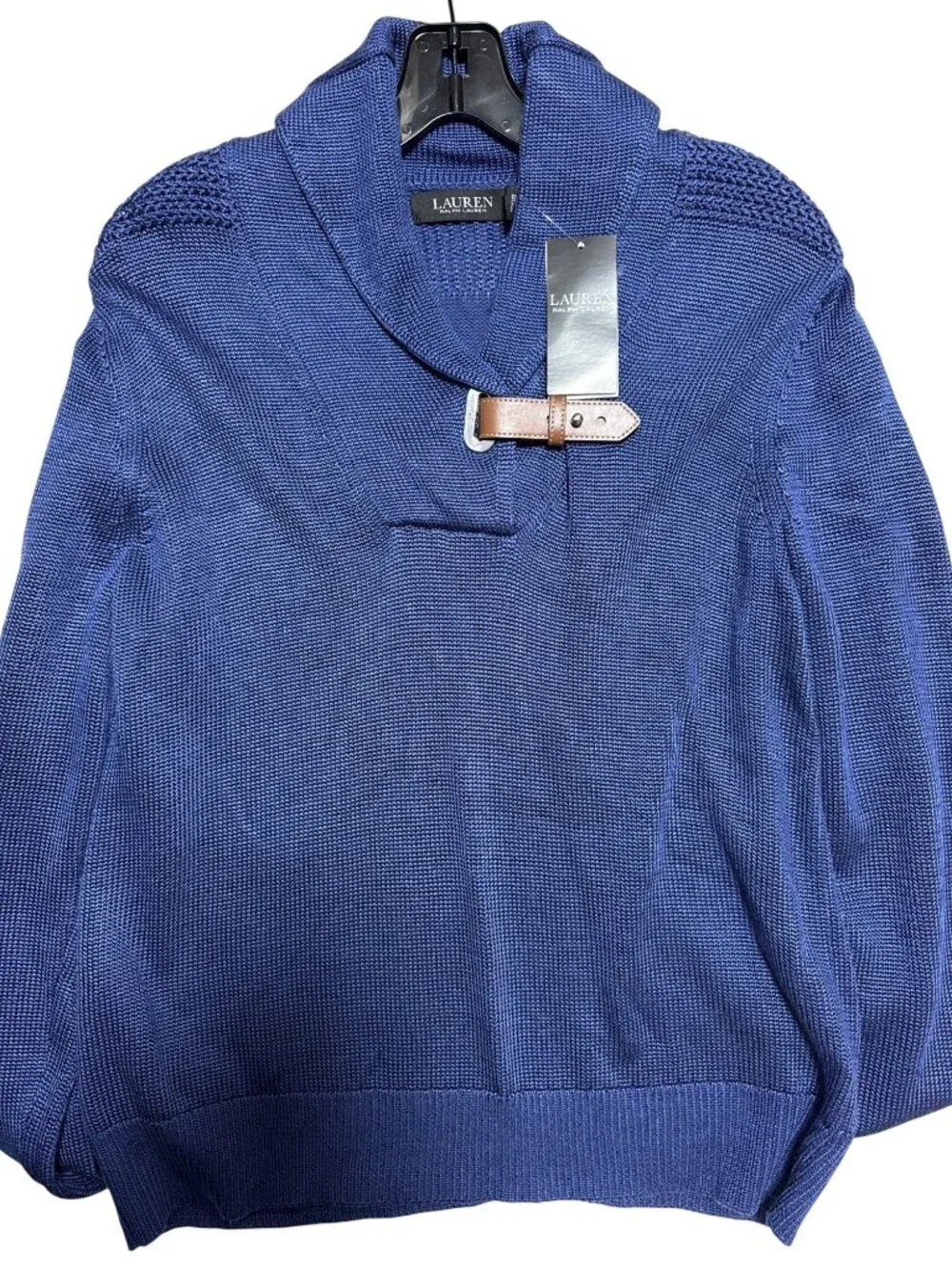NWT Lauren Ralph Lauren Buckle-Trim Cotton-Blend Sweater Charter Blu Size Large